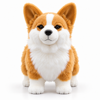 30cm Welsh Corgi plush toy seen from the front: orange and white fluffy fur, big ears, short legs