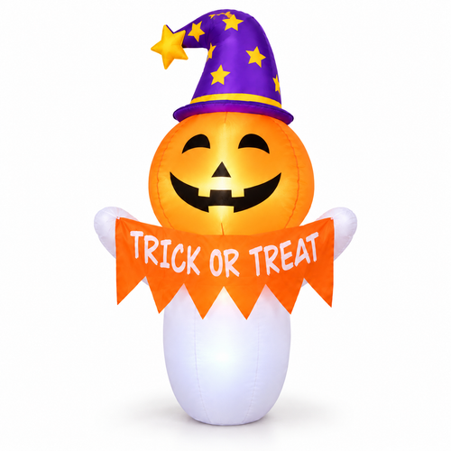 3.5ft inflatable Halloween ghost with jack-o-lantern face, purple star witch hat and TRICK OR TREAT banner, front view