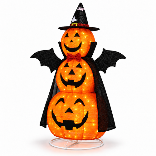 5ft 3-tier fabric pumpkin Halloween light seen from the front, 130 warm LEDs glowing, witch hat and bat-wing cape
