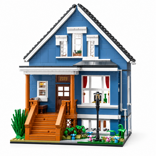 Blue two-storey brick-built house with white window frames, wooden porch steps and street lamp