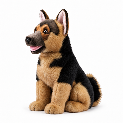 Left-facing German Shepherd plush toy on white background