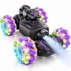 Rear detail of the purple RC stunt car releasing illuminated mist.