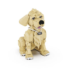 Golden Retriever building blocks model displayed on shelf as home decor collectible for pet lovers.