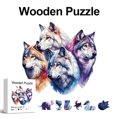 Gray Wolf Pack Wooden Jigsaw Puzzle Unique Animal Shaped