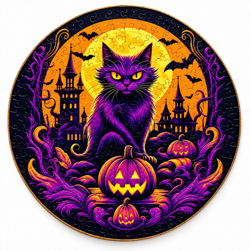 Halloween Cat & Pumpkin Wooden Puzzle for Adults - Irregular Jigsaw product photo