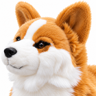 Close-up of the Welsh Corgi plush head: black nose, dark eyes, white cheeks and orange ears