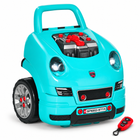 Teal mechanic take-apart engine workshop toy with matching red key fob, front view