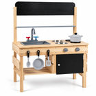 Natural fir wood outdoor mud kitchen with gray sink, two steel bowls and pretend stoves