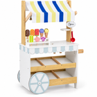 White wooden grocery and ice cream cart with blue-yellow awning and dessert rack.