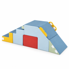 Pale blue toddler foam climber with steps, slide, red inset block and yellow handles