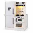 White dual-sided wooden play kitchen, full cooking-side three-quarter studio view.