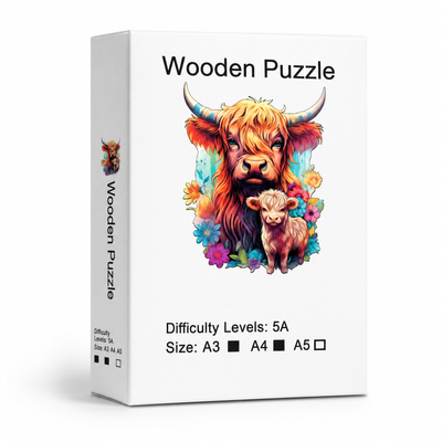 Highland Cow Wooden Jigsaw Puzzle Unique Animal-Shaped Pieces & Colorful Farmhouse Art