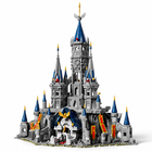Hyrule Castle 3,839-piece building block set, gray stone castle with blue roofs and gold accents, front view on white.