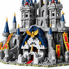 Close-up of Hyrule Castle building-block model's blue-roofed royal entrance and gold winged crest.