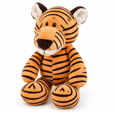 Single orange and black striped tiger plush toy at a 45-degree three-quarter angle with a soft contact shadow