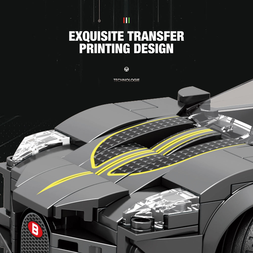 La Voiture Noire luxury supercar building set displayed showing complete dimensions: 17.1cm length and 7.3cm height, with completed premium supercar model scale reference, professional packaging, and dimensional measurement indicators