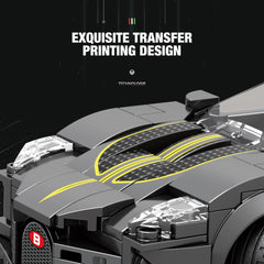 La Voiture Noire luxury supercar building set displayed showing complete dimensions: 17.1cm length and 7.3cm height, with completed premium supercar model scale reference, professional packaging, and dimensional measurement indicators