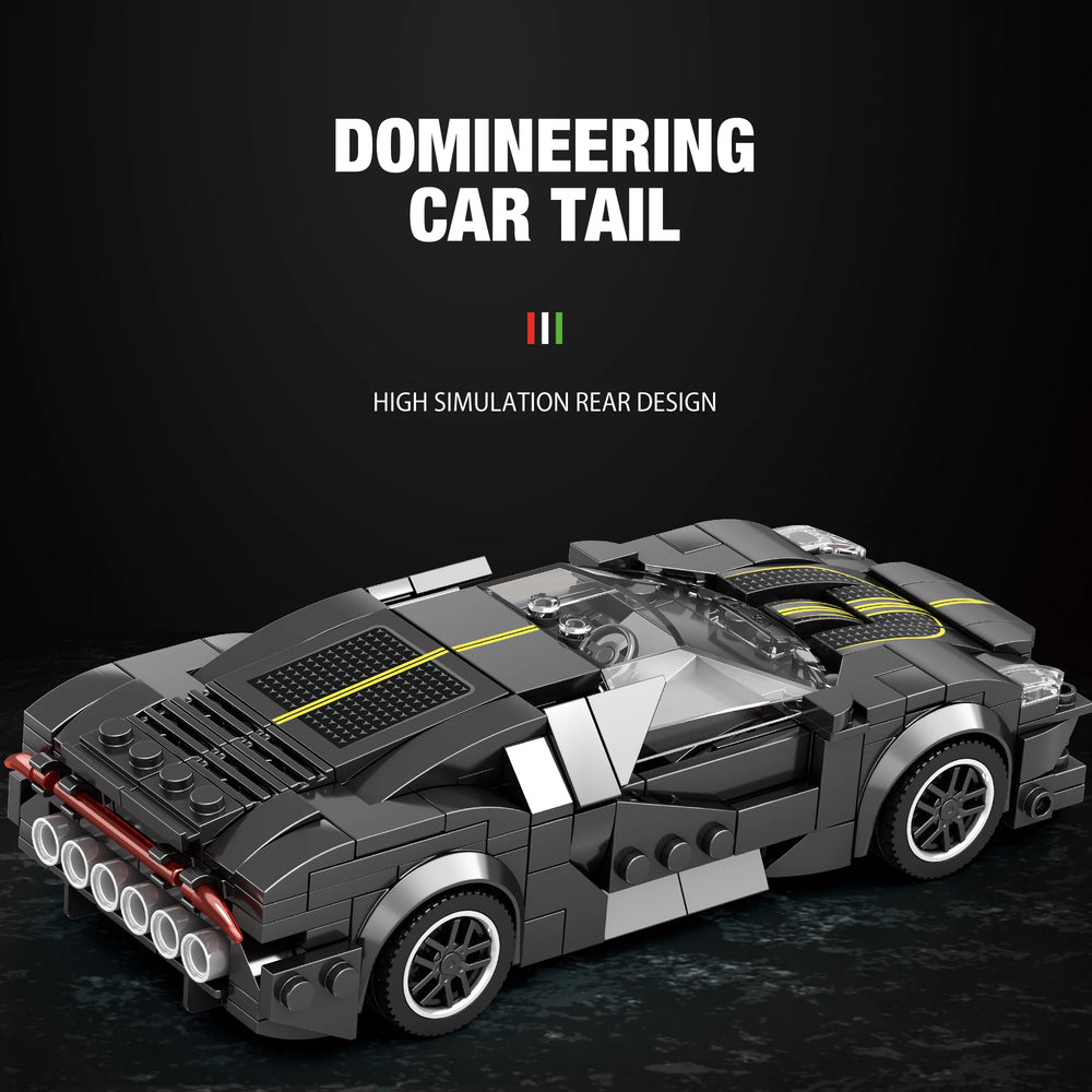 Completed La Voiture Noire luxury supercar collectible model displayed showing full 339-piece construction with refined racing aesthetics, sleek aerodynamic design, professional finishes, and museum-quality display appearance