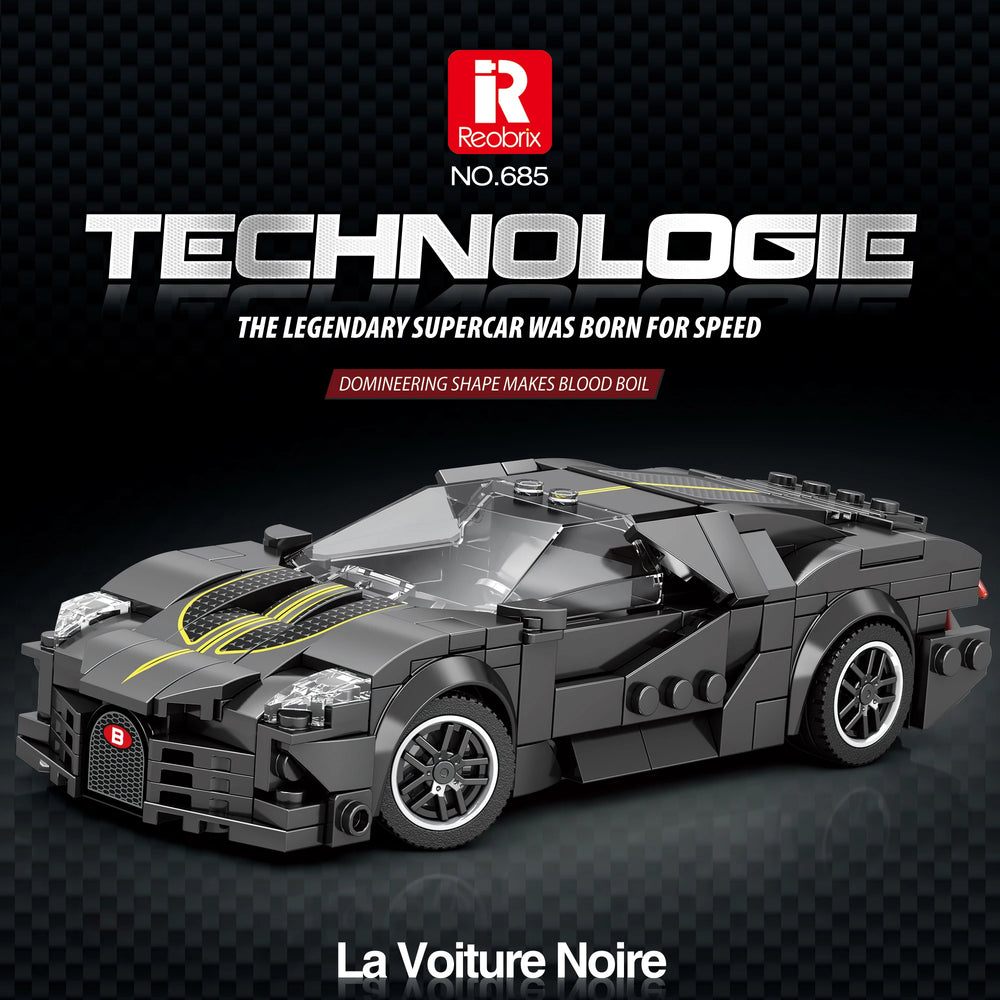 Complete La Voiture Noire luxury supercar building set with 339 precision building blocks displayed in black and gold colors, featuring sleek aerodynamic racing design, detailed mechanical components, and premium construction quality