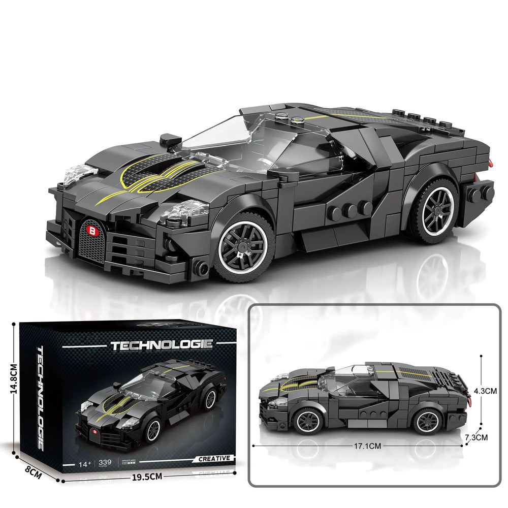 Fully assembled La Voiture Noire luxury supercar model showing complete 339-piece construction with sophisticated racing design, aerodynamic profile, detailed wheels, luxury finishes, and professional-grade building block assembly