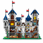 Open-back view of the Lion Castle building block set showing its furnished interior rooms, gray walls, blue roofs, and red banners.