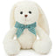 White teddy bear with a blue bow tie on a white background