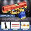 Toy gun with red, yellow, and blue design on a dark background