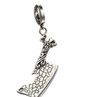 Men's vintage stainless steel pendant keychain standing upright on a clean white background showing its antique finish.