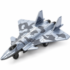 Close three-quarter view of the gray camouflage die-cast fighter jet from the four-piece military aircraft set.