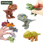 Assorted mini finger dinosaur toys with bite-action shown in multiple colors.