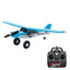 Model airplane with blue and white design and a remote control on a white background