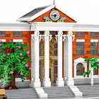 Clock pediment and white columns on Movie Valley Court
