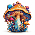 White-background studio photo of the completed fly agaric wooden jigsaw puzzle at a slight three-quarter angle, layered edge visible