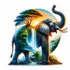 Mystical Elephant Wooden Jigsaw Puzzle with elephant and waterfall artwork on white background
