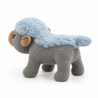 Crochet grey plush dog with blue fur, rear three-quarter view