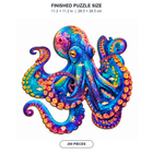 Completed octopus wooden jigsaw puzzle measuring 11.2 by 11.2 inches (28.5 by 28.5 centimeters), 200 pieces