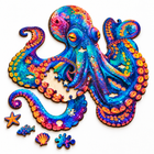 Partially assembled octopus wooden puzzle with a few loose sea-life whimsy pieces beside the original colorful design