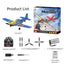 P-51 Mustang model airplane set with packaging, remote control, propellers, battery, charger, screwdriver, and instruction manual on a white background.