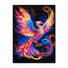 Wooden jigsaw puzzle of a pink and blue phoenix with outstretched wings on a dark starry ground