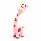 Pink cartoon giraffe plush, centered and facing three-quarter left