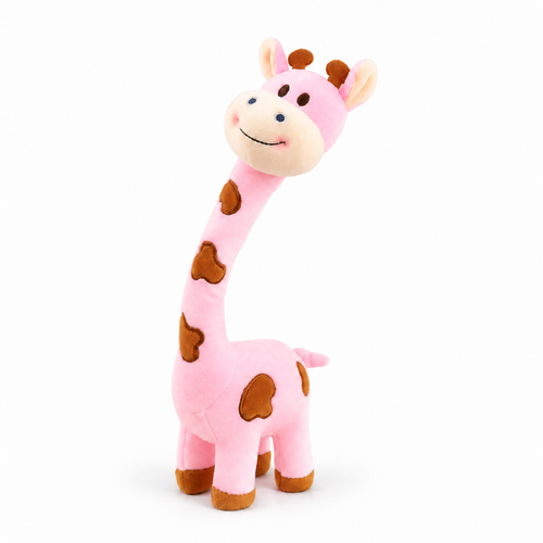 Pink cartoon giraffe plush, centered and facing three-quarter left