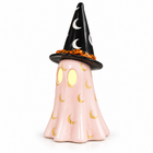 Pink ceramic Halloween ghost with gold moons and witch hat, tealight glowing through its eyes