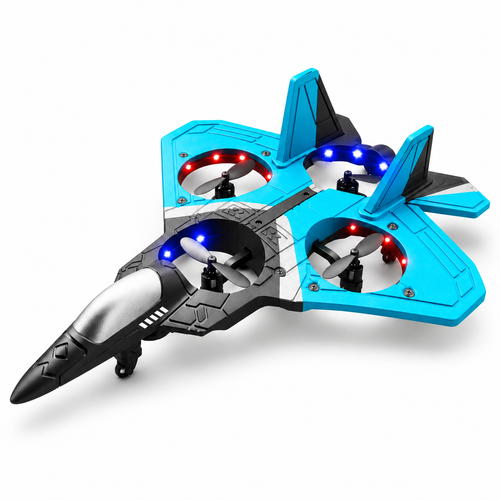 Blue V17 remote control stunt plane, plane only on white background