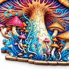 Macro view of the puzzle's interlocking wooden pieces, colorful mushroom artwork and layered basswood edge.
