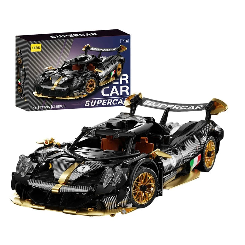 Toy supercar model with gold accents and a matching box on a white background