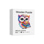 Wooden jigsaw puzzle box featuring colorful rainbow owl design and product packaging
