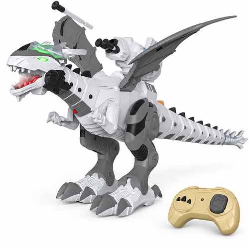Square studio hero of the white and gray winged RC robot dinosaur facing left with its beige remote