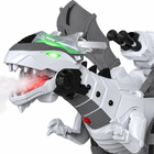 Close square detail of the white robot dinosaur's green-lit eye, mist-breathing jaw, armor and mechanical joints