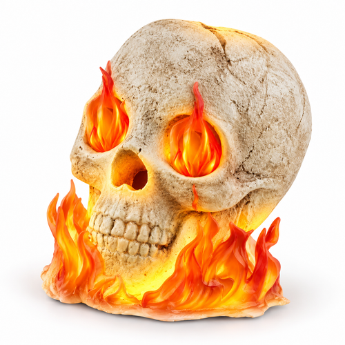 Realistic ceramic fire pit skull Halloween fireplace decor on white with glowing flames