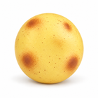 Realistic round potato-shaped yellow squishy fidget toy with brown speckles and russet patches on white background.